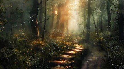 A forest with a path leading through it