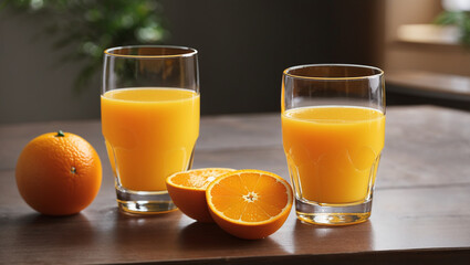 Fototapeta premium Two glasses of orange juice, one whole orange, and two orange halves on a wooden table.