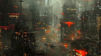Fototapeta premium Futuristic Urban Cityscape with Neon Skyscrapers and Flying Cars in Sci-Fi Inspired Landscape