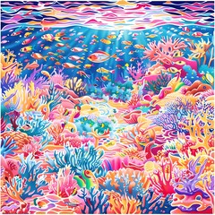 Vibrant Abstract Coral Reef Underwater Ecosystem with Colorful Marine Life and Intricate Patterns