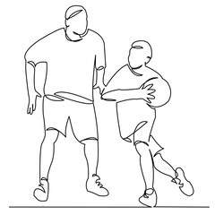 continuous single drawn one line of dad with son play basketball hand-drawn picture silhouette. Line art. doodle