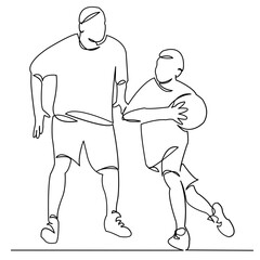 continuous single drawn one line of dad with son play basketball hand-drawn picture silhouette. Line art. doodle
