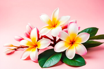Naklejka premium Closeup of White and Yellow Plumeria Flowers with Green Leaves on a Pink Background
