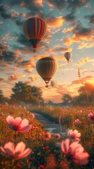 Naklejka premium Flying hot air balloons and purple flowers