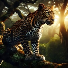 Obraz premium Peaceful Scene: Spotted Wild Leopard Lounging on Branch, Savannah Background
