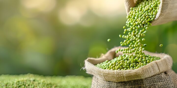 Pouring green moong dal (Vigna radiata) into a sack. Concept Agriculture, Harvesting, Green Moong Dal, Sack, Farming