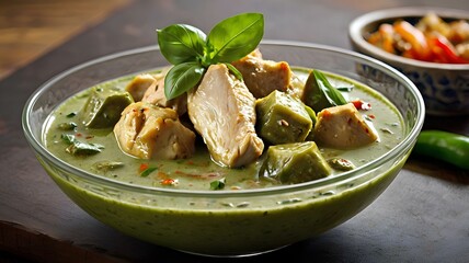 Chicken green curry in a clear glass bowl Bright green curry sauce The aroma is mellow, with large pieces of chicken, brittle eggplant, and fresh basil garnishes.