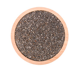 Chia seeds in wooden bowl on transparent png. Top view