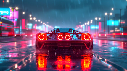 3D racing car and night cyberpunk city with neon lights
