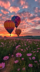 Fototapeta premium Flying hot air balloons and purple flowers