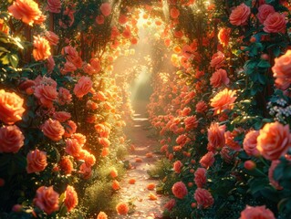 Fototapeta premium A beautiful garden pathway adorned with blooming pink roses, bathed in soft sunlight creating a serene and enchanting atmosphere.