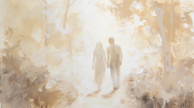 Adam and Eve walking together through glowing light in a dreamy Garden of Eden. Love, romantic relationships, peaceful nature walks, dreamy art, couple goals.