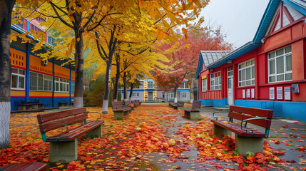 Obraz premium School campus in autumn with colorful fallen leaves, vibrant buildings, and neatly arranged benches, 
