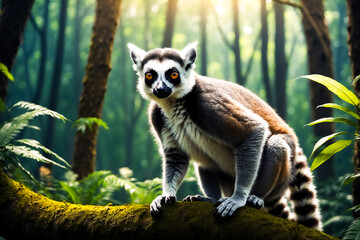 Fototapeta premium Ring-tailed Lemur Sitting on a Branch in a Forest