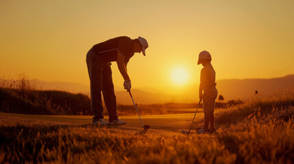 Young child being taught how to hold a golf club by an encouraging instructor during golden hour on an open field.