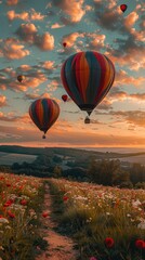 Obraz premium Flying hot air balloons and purple flowers