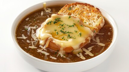A serving of rich onion soup, topped with melted cheese and a slice of toasted baguette. Isolated on pure white background