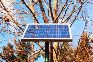A solar panel is installed on a street lamp post in a park.