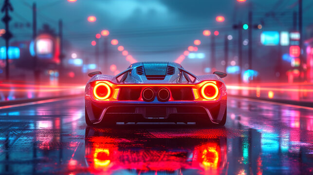 3D racing car and night cyberpunk city with neon lights
