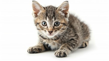 Obraz premium Adorable tabby kitten sitting on white background. Cute small cat with curious eyes. Perfect for animal lovers and pet-themed projects. Vivid colors and sharp details. AI