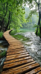 Naklejka premium A wooden boardwalk built along the valley stream