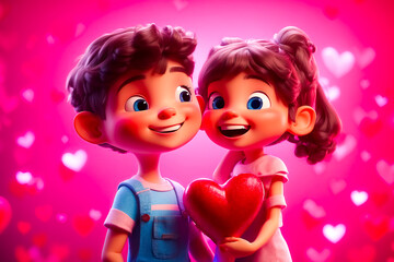 Fototapeta premium Cute Cartoon Couple Holding a Heart on a Pink Background