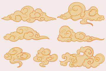 Hand drawn linear oriental clouds. Chinese cloud element collection. Elegant clouds and waves in Japanese style. 