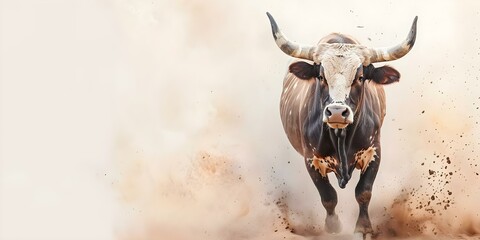 Cowboy riding bull at rodeo depicted in watercolor painting. Concept Rodeo, Cowboy, Bull, Watercolor Painting, Western Art
