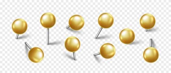 Vector 3D gold pin with shadow isolated on transparent background. Set of realistic plastic round thumbtack in different angles.