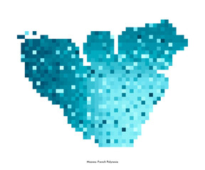 Vector isolated geometric illustration with simplified icy blue silhouette of Moorea island map. Part of French Polynesia. Pixel art style for NFT template. Dotted logo on white background