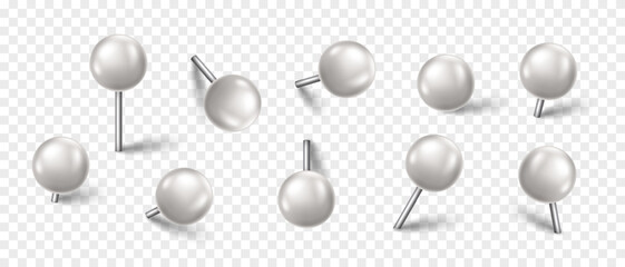 Vector 3D white pin with shadow isolated on transparent background. Set of realistic plastic round thumbtack in different angles.