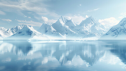A serene winter landscape with snow-covered mountains reflecting in the calm waters of an ice lake
