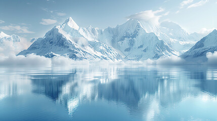 A serene winter landscape with snow-covered mountains reflecting in the calm waters of an ice lake