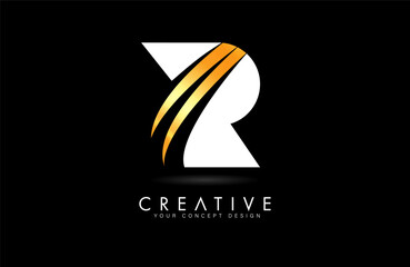 Letter R Logo Design in golden white colors with negative space Swooshes and creative font cut © twindesigner