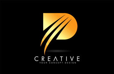 Letter P p Logo Design in golden white colors with negative space Swooshes and creative font cut