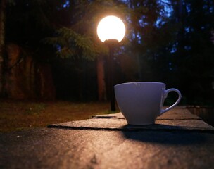 A white porcelain cup on a background of trees on a summer night. Tea party in the evening outside on the street. Night tea drinking in the dark outdoors.