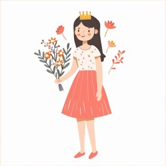 Flat style, hand-drawn illustration style, Asian characters, a beautiful girl wearing a pink skirt with a crown on her head, holding a bouquet of flowers in her hand, pure white background