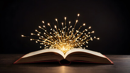  Open book with sparkling lights, creating an atmosphere of magic and mystery. AI generated image .