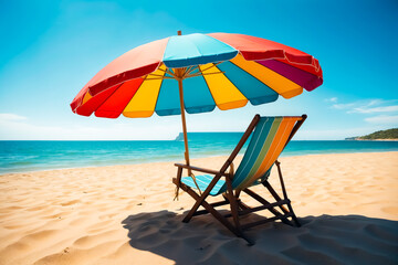 Fototapeta premium Relaxing beach chair under a colorful umbrella