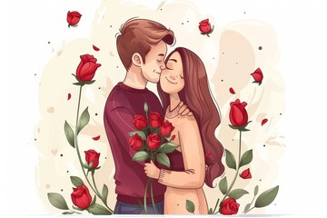 Sweet illustration of a couple surrounded by flowers and hearts symbolizing love and affection