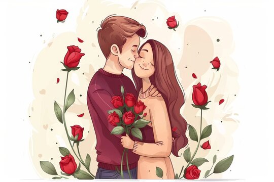 Sweet illustration of a couple surrounded by flowers and hearts symbolizing love and affection