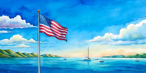 American flag waves proudly atop tall pole at serene coastal marina with sailboats docked, calm turquoise sea, and vibrant blue sky with puffy white clouds.
