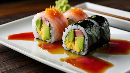 Sushi rolls made up of tender sushi rice, bright red fresh tuna, orange salmon and tender avocado wrapped in seaweed and served with green wasabi, soy sauce and pink pickled ginger.
