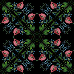 Floral damask seamless pattern from hand painted red tulip flowers, periwinkle, blueberry and green leaves on a black background