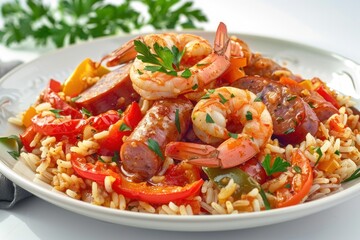 A plate of spicy jambalaya with shrimp, sausage, and bell peppers, garnished with parsley. Isolated on pure white background