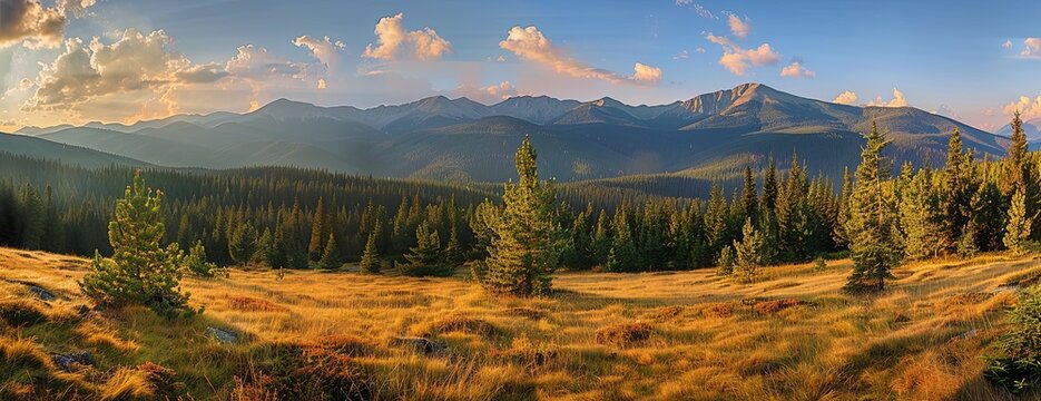  Stunning Panoramic View of a Mountain Landscape at Sunset with Golden Light, Alpine Meadow and Forest in the Foreground, Mountain Range in the Background