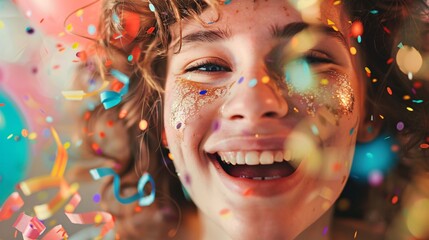 Detailed close-up of a girl is happy reaction to a surprise birthday party, with streamers and confetti in the background