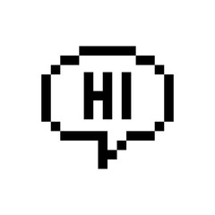 Pixel art chat bubble on speech bubble Hi world. Pixel Feedback emoticon. Vector illustration