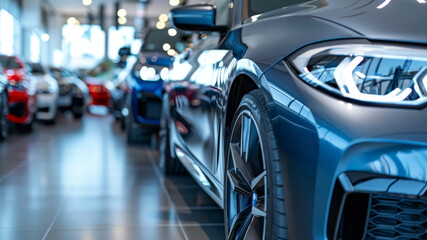 Close up of a modern grey car in a car dealership. Car suitable for automotive industry promotions. Blurred background. Selective focus. Generative AI.