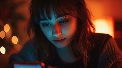 Naklejka premium Ultra-sharp photograph of a young woman sitting in a dimly lit room, her face illuminated by the soft glow of a smartphone screen